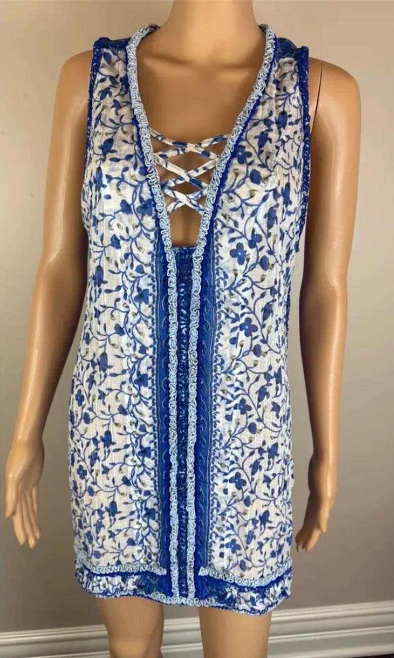 Poupette St Barth Boho Cotton Gauze Tunic Beach Coverup Blue Floral M